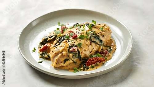 Creamy Tuscan chicken breast with sun-dried tomatoes, spinach, and herbs served on white plate with copy space

