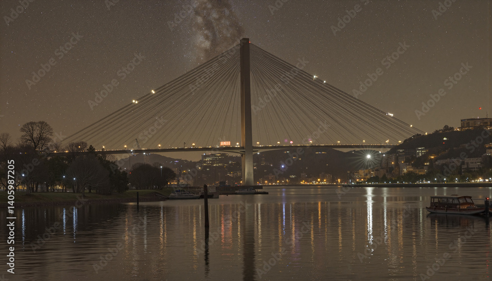Obraz premium Majestic bridge illuminated at night over reflective waters, urban beauty