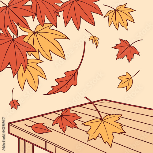 Watercolor autumn leaves gently falling on a rustic wooden table, capturing the cozy essence of fall.