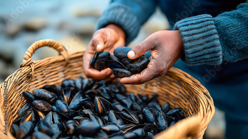 Fisherman holding fresh mussels in his hands over a wicker basket