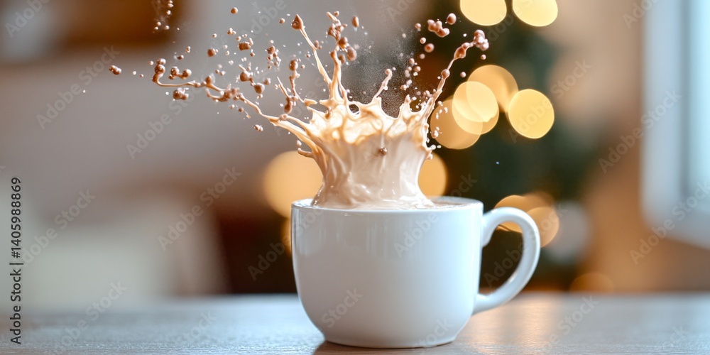 A joyful splash of coffee from a white ceramic cup. This image captures a moment of fun and excitement in a cozy setting. Perfect for coffee lovers and advertising. AI