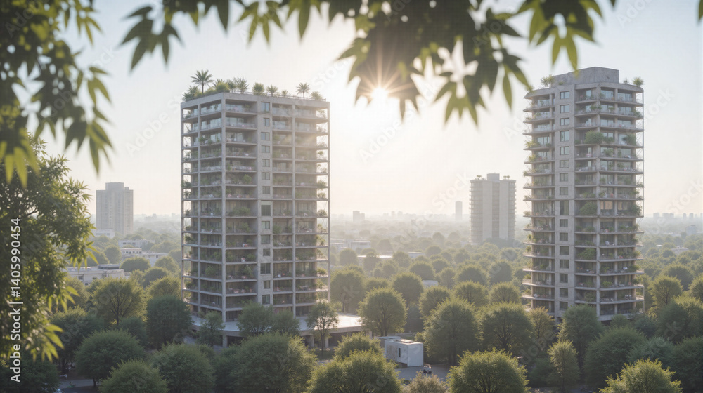 Obraz premium Modern Apartment Towers Amidst Green Canopy, Urban Living, Sustainable Design, Residential Buildings