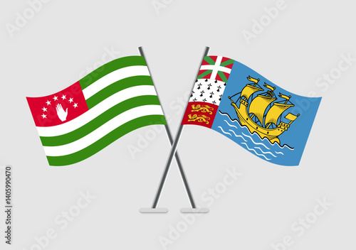 Abkhazia and Saint Pierre and Miquelon vector flags on clean light-gray vector field