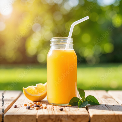 Refreshing lemonade served in a jar on a wooden table outdoors  