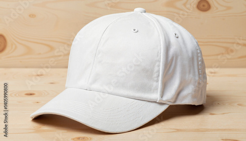 White baseball cap on wooden surface  
