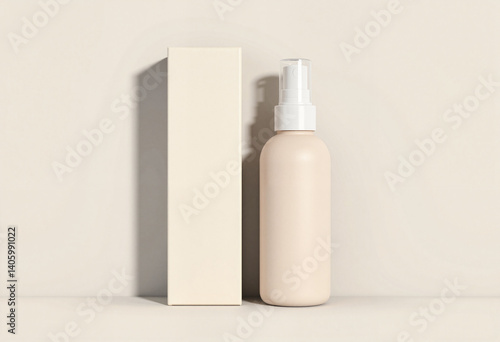 Minimalist skincare product bottle with box on neutral background  