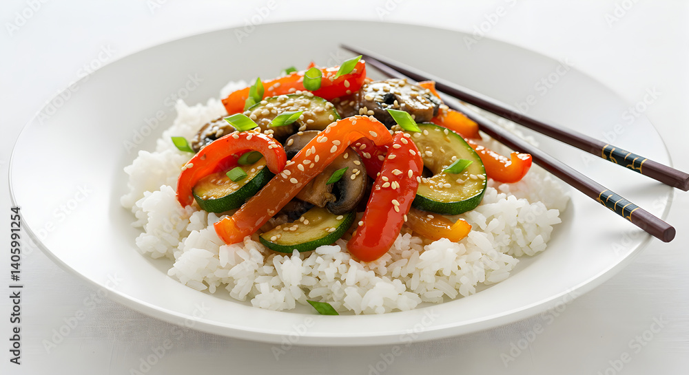 Soy-Free Teriyaki Vegetables with White Rice and Chopsticks Soy-Free Teriyaki Vegetables with White Rice and Chopsticks