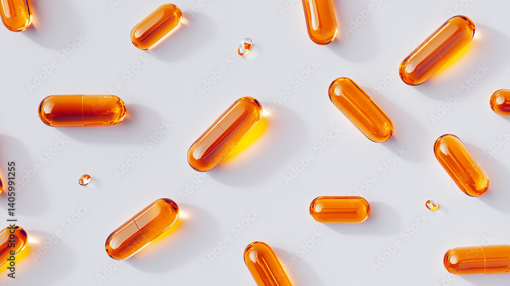 orange medical capsules with oil or medicine on white background