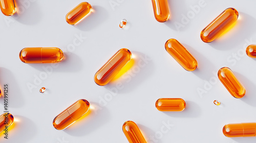 orange medical capsules with oil or medicine on white background