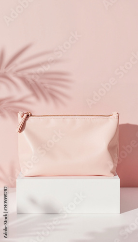 Stylish cosmetic bag mockup on clean surface, contemporary elegance