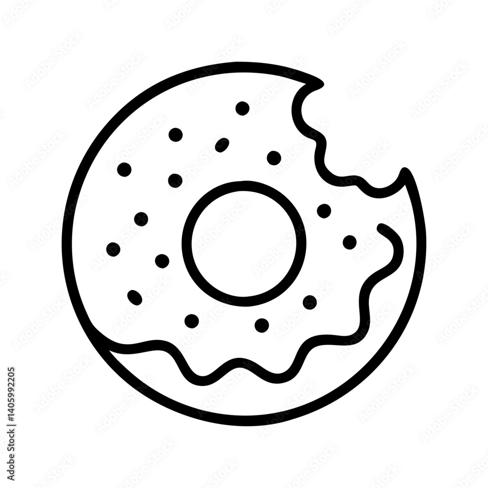 Donut vector illustration, outline drawing of tasty donut with bite missing, dessert icon Donut vector illustration, outline drawing of tasty donut with bite missing, dessert icon