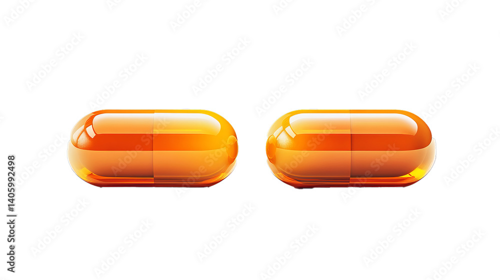 orange medical capsules with oil or medicine on white background