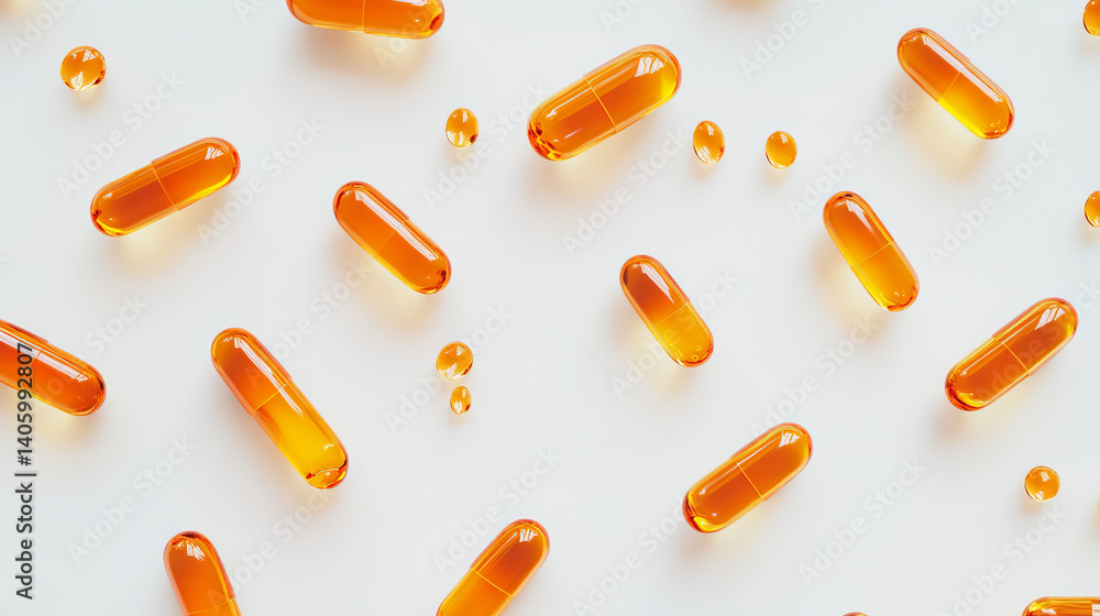 orange medical capsules with oil or medicine on white background