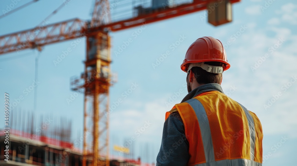 Construction worker operating a crane at a building site. Featuring crane operation and construction logistics Construction worker operating a crane at a building site. Featuring crane operation and construction logistics