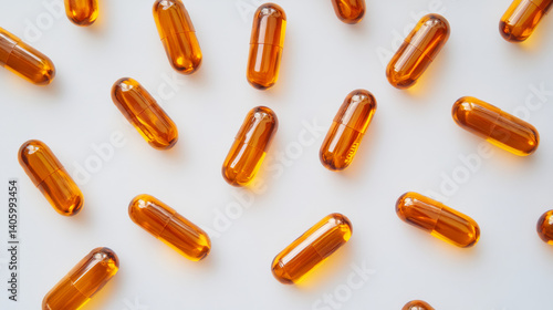 orange medical capsules with oil or medicine on white background