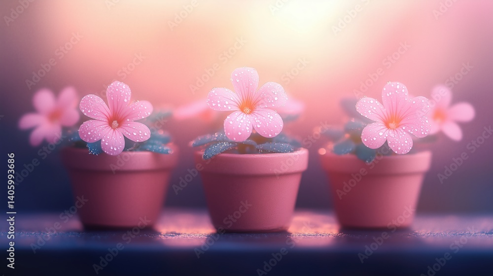 Obraz premium Delicate pink flowers in small pots with dew glistening in soft morning light