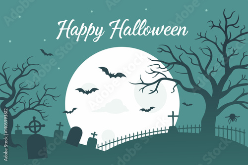 Spooky Halloween Night Graveyard Scene With Bats And Moon Graphic Design