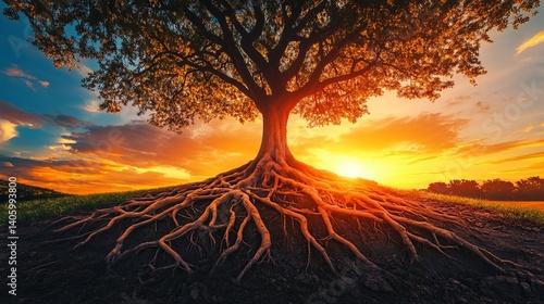 A majestic tree with exposed roots silhouetted against a vibrant sunset sky in a scenic landscape
