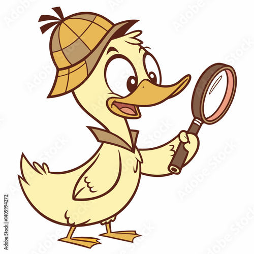 Funny cartoon duck wearing a detective hat holding a magnifying glass