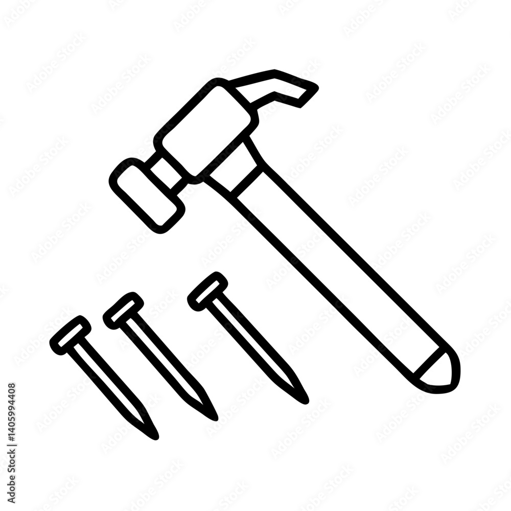 Hammer and nails outline vector illustration for carpentry woodworking and diy projects icon set Hammer and nails outline vector illustration for carpentry woodworking and diy projects icon set