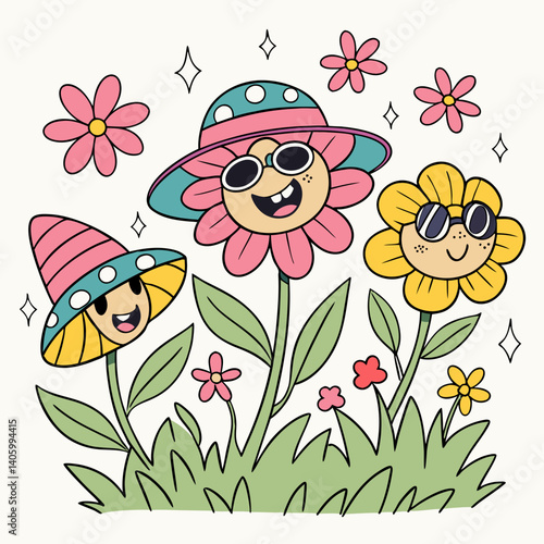 Giggling Garden Gang of Cartoon Flowers with Colorful Hats and Sunglasses