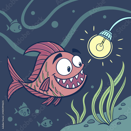 Cartoon anglerfish with glowing lure and wide grin in deep ocean style