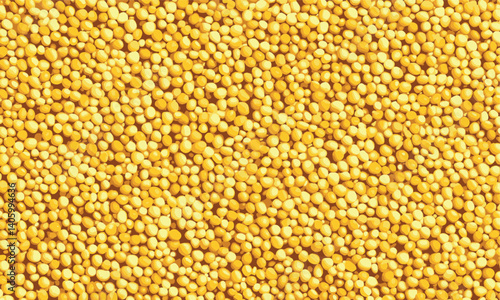 Yellow mustard seed spread background. Dry yellow sinapis alba grains, mostarde balls pattern vector illustration. Whole grain mustard as background, top view.