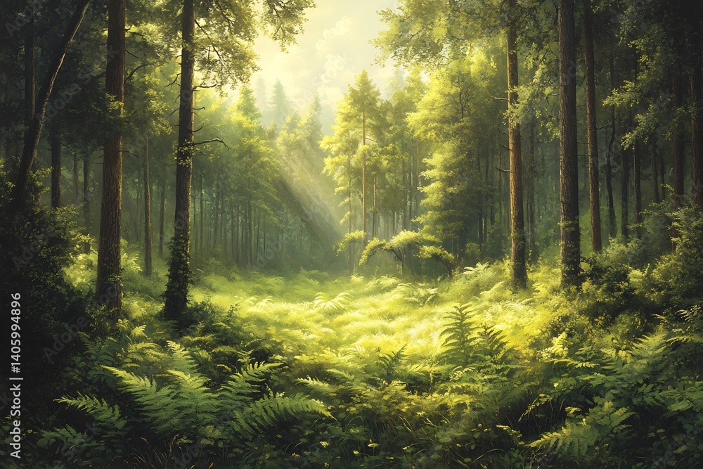 Fototapeta premium Inviting forest vista a mix of vibrant green foliage and soft diffused light over a natural carpet of ferns and wild grasses exuding calm energy