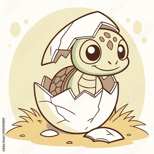 Baby cartoon turtle hatching from an egg with big curious eyes