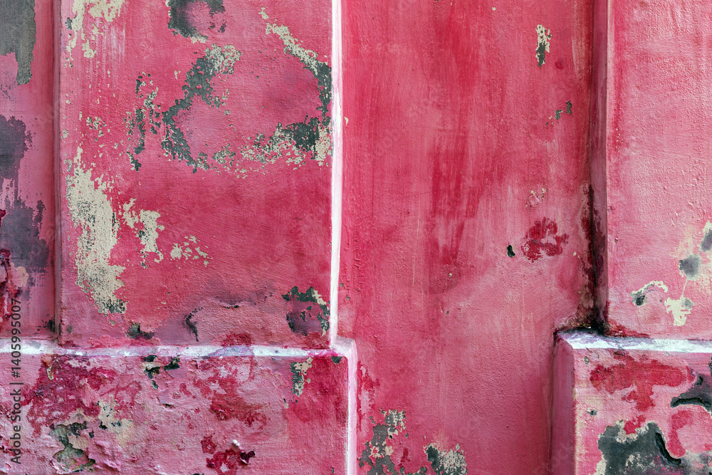 A close-up of a weathered red wall featuring textures and peeling paint