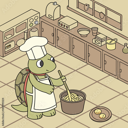 Cartoon turtle chef cooking spaghetti in a big kitchen