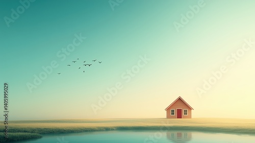 Serene house by the water under a clear sky at dawn with birds flying overhead
