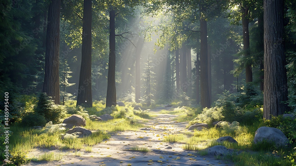 Fototapeta premium Inviting forest scene sunlit clearings among tall textured firs and whispering leaves perfectly capturing the essence of a vibrant natural retreat