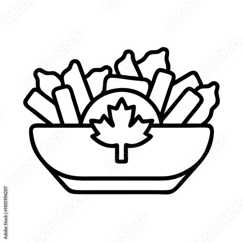 Canadian poutine vector icon illustration featuring french fries cheese curds and gravy outline drawing