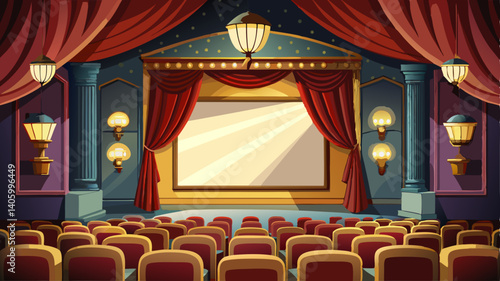 Blank movie screen in a classic cinema room with dark velvet curtains and vintage-style lighting fixtures.