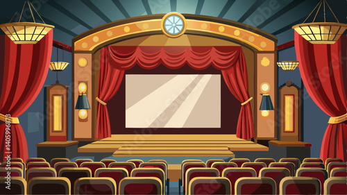 Blank movie screen in a classic cinema room with dark velvet curtains and vintage-style lighting fixtures.