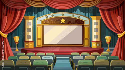 Blank movie screen in a classic cinema room with dark velvet curtains and vintage-style lighting fixtures.