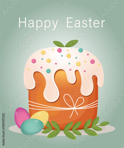 Easter cake decorated with icing with colorful Easter eggs and leaves on pastel background. Easter poster or greeting card.