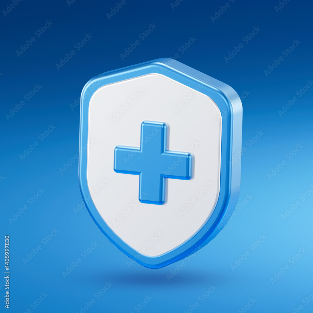 Obraz premium 3D medical shield with a blue cross and pink checkmark symbol, representing verified health protection, safety assurance, and approved medical care on blue background.