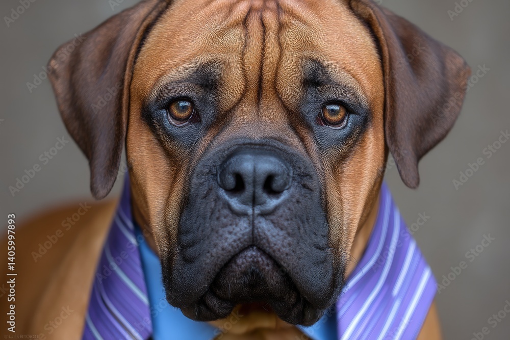Obraz premium Brown dog with short fur wearing formal necktie and suit jacket posing indoors in close portrait style conveying dignity seriousness and anthropomorphic humor