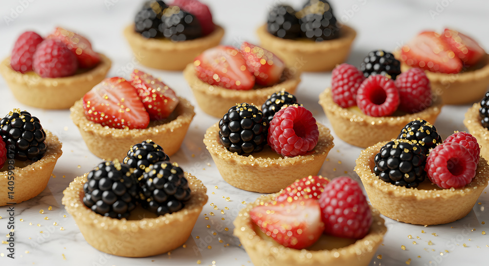 Assorted Berry Tartlets With Golden Sprinkles For Holiday Festive Dessert Table Assorted Berry Tartlets With Golden Sprinkles For Holiday Festive Dessert Table