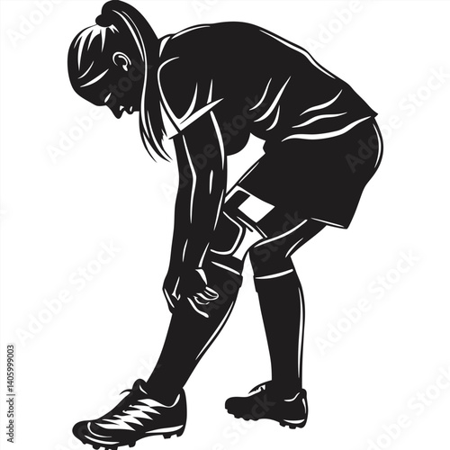 Female player silhouette adjusting shin guards vector illustration