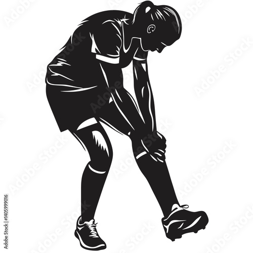 Female player silhouette adjusting shin guards vector illustration