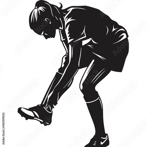 Female player silhouette adjusting shin guards vector illustration
