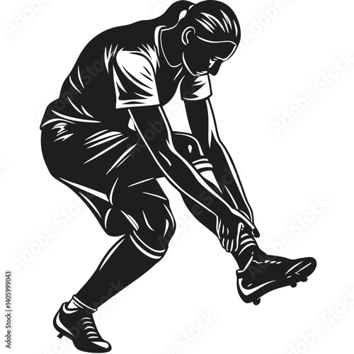 Female player silhouette adjusting shin guards vector illustration