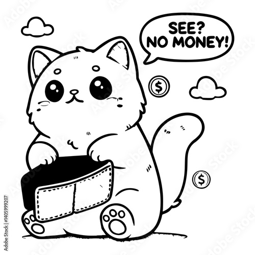 Cute Cat with Wallet Saying "See? No Money!" Cartoon Cat with Expression