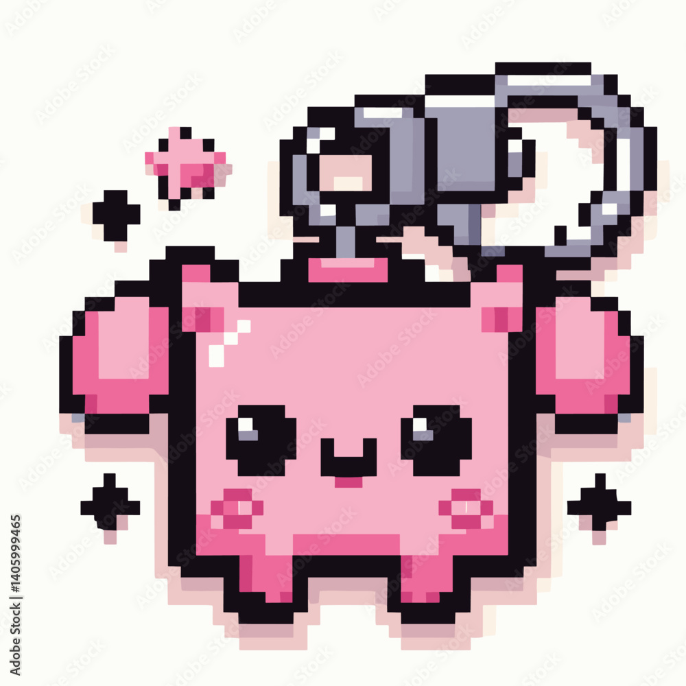 Fototapeta premium Cute Pixel Art Cat Keychain Charm with Pink and Black Stars