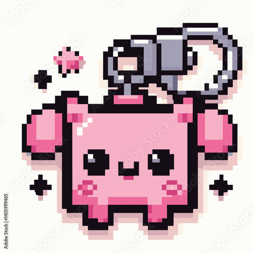 Cute Pixel Art Cat Keychain Charm with Pink and Black Stars