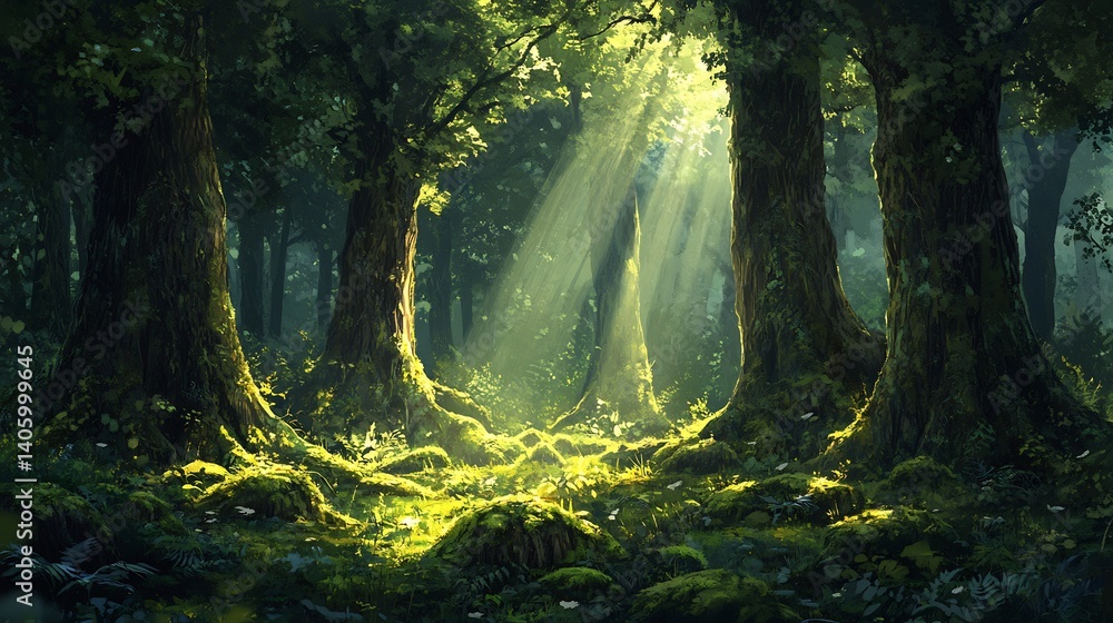 Obraz premium High detail forest background featuring intricate textures of moss covered trunks lush undergrowth radiant beams of light casting lively patterns