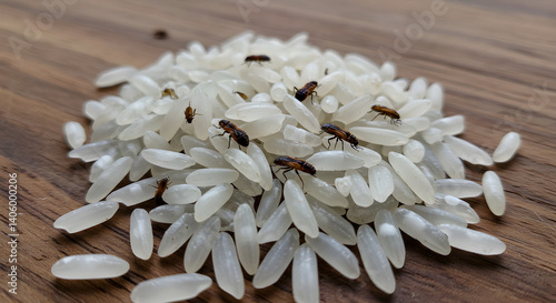 Infestation of rice weevils crawling on spilled rice grains on a wooden surface